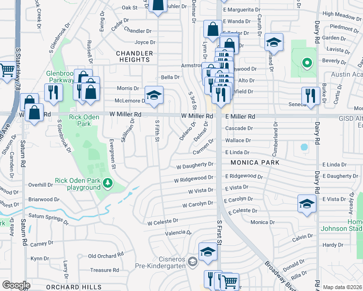 map of restaurants, bars, coffee shops, grocery stores, and more near 2108 Delano Drive in Garland