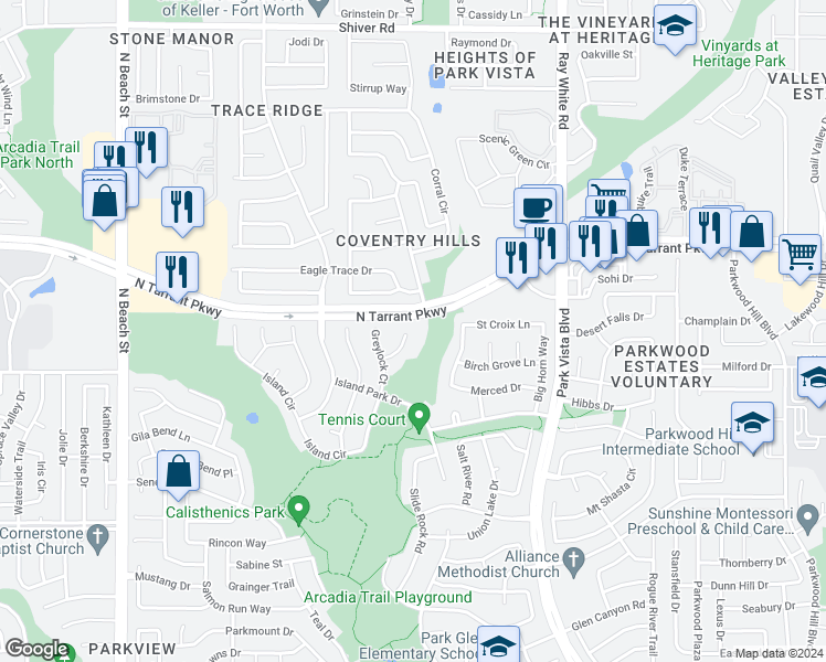map of restaurants, bars, coffee shops, grocery stores, and more near 8482 Big Cypress Court in Fort Worth