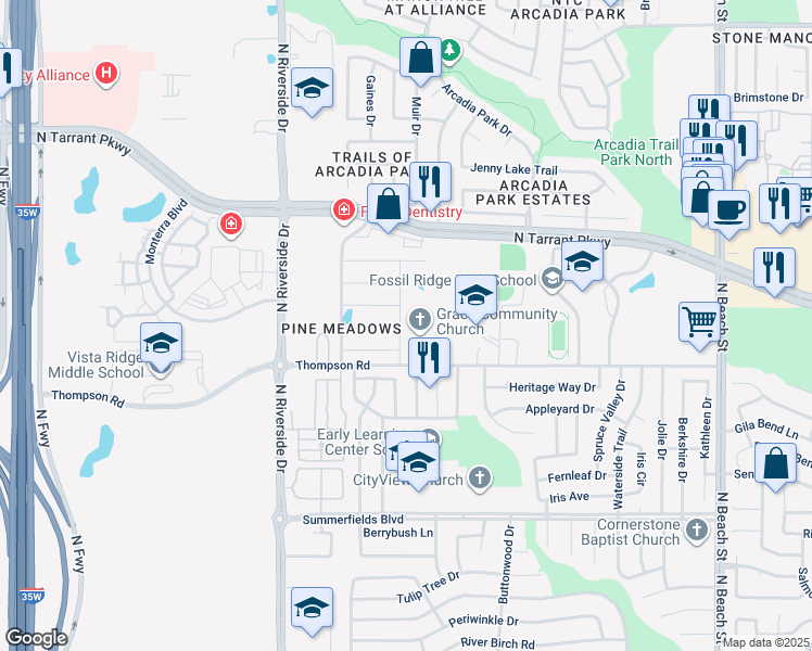 map of restaurants, bars, coffee shops, grocery stores, and more near 8232 Pine Meadows Drive in Fort Worth
