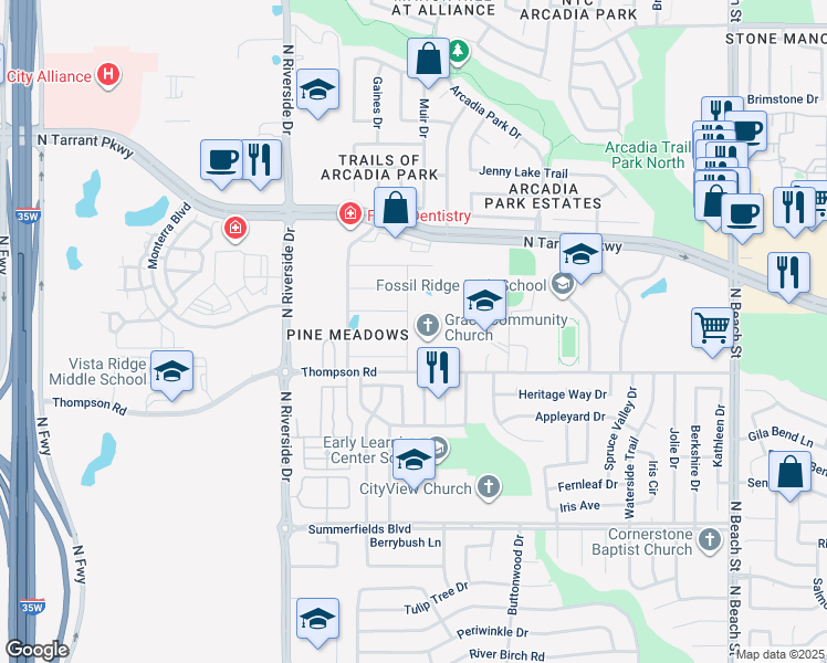 map of restaurants, bars, coffee shops, grocery stores, and more near 8232 Pine Meadows Drive in Fort Worth