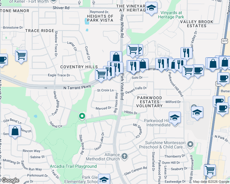 map of restaurants, bars, coffee shops, grocery stores, and more near 5232 Saint Croix Lane in Fort Worth