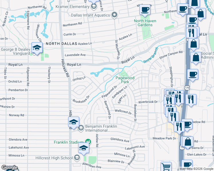 map of restaurants, bars, coffee shops, grocery stores, and more near 7204 Brookshire Drive in Dallas