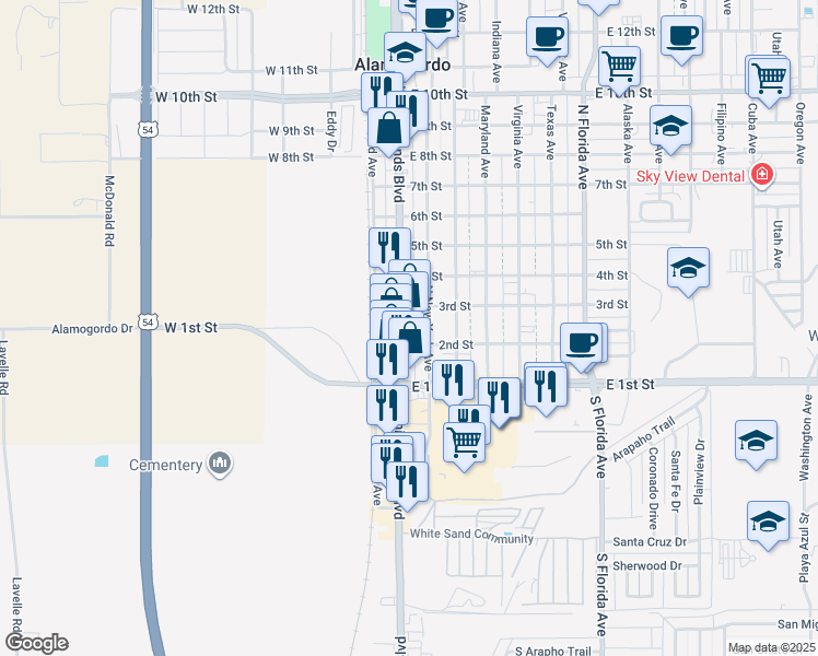 map of restaurants, bars, coffee shops, grocery stores, and more near 210 North White Sands Boulevard in Alamogordo