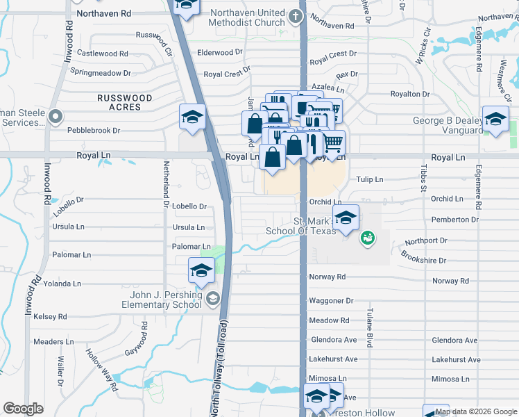 map of restaurants, bars, coffee shops, grocery stores, and more near 5716 Orchid Lane in Dallas