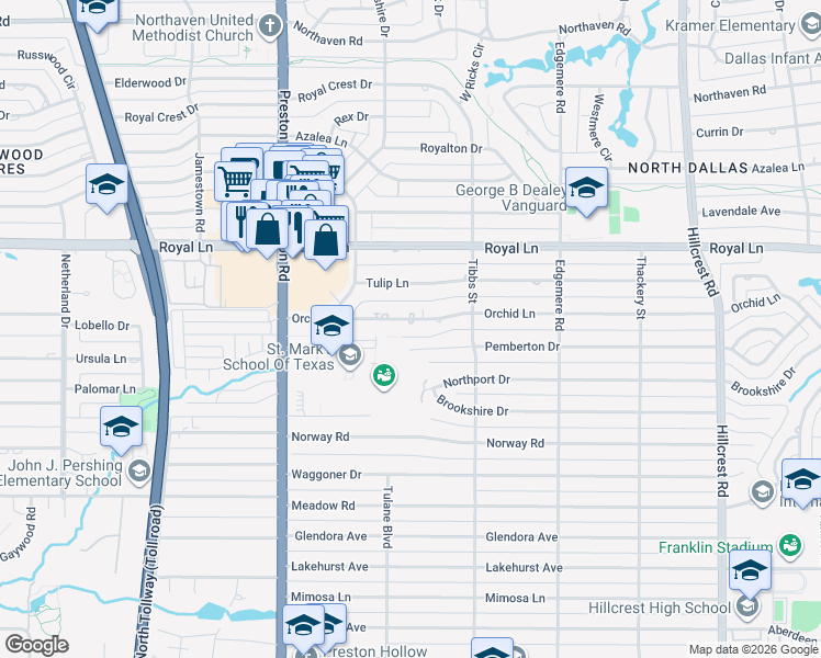 map of restaurants, bars, coffee shops, grocery stores, and more near 6220 Orchid Lane in Dallas