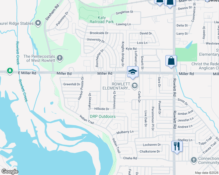 map of restaurants, bars, coffee shops, grocery stores, and more near 3209 Elmhurst Street in Rowlett