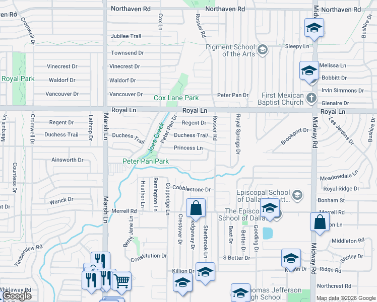 map of restaurants, bars, coffee shops, grocery stores, and more near 3846 Princess Lane in Dallas