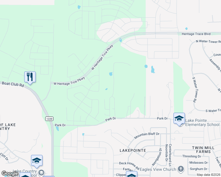 map of restaurants, bars, coffee shops, grocery stores, and more near 9600 Park Drive in Fort Worth