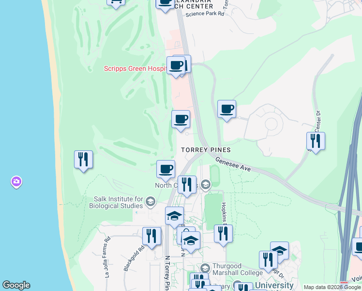 map of restaurants, bars, coffee shops, grocery stores, and more near 3333 North Torrey Pines Court in San Diego