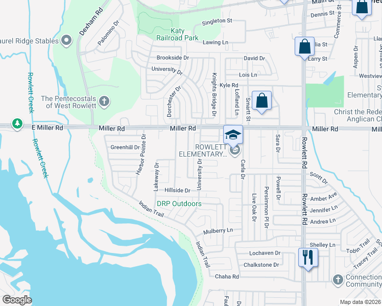 map of restaurants, bars, coffee shops, grocery stores, and more near 3209 Elmhurst Street in Rowlett