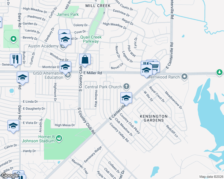 map of restaurants, bars, coffee shops, grocery stores, and more near 2310 Club Meadow Drive in Garland