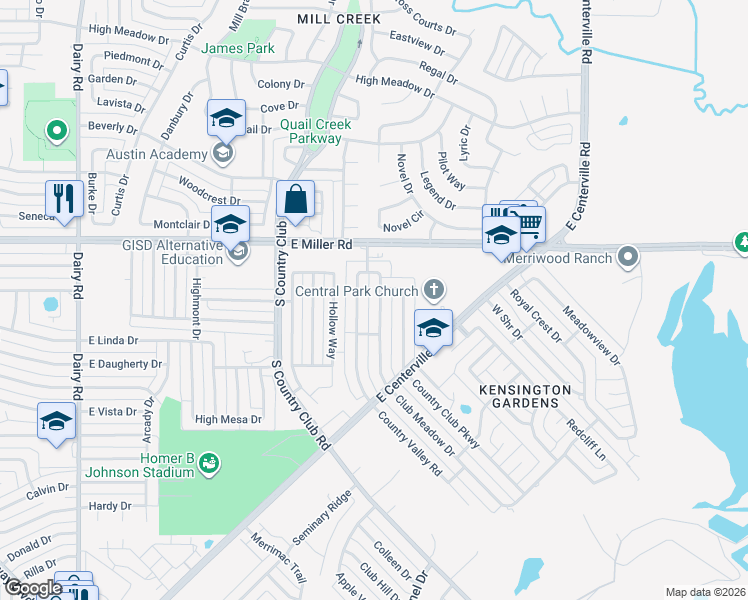 map of restaurants, bars, coffee shops, grocery stores, and more near 2310 Club Meadow Drive in Garland