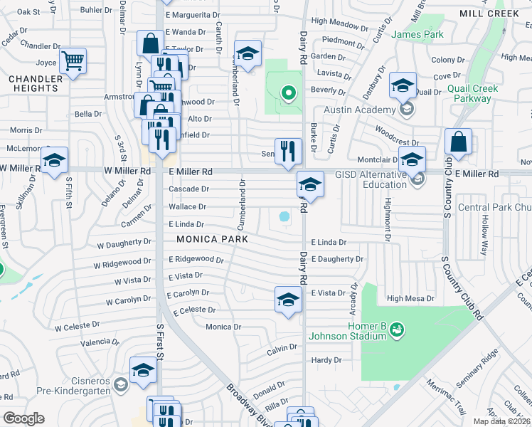 map of restaurants, bars, coffee shops, grocery stores, and more near 951 Broadway Boulevard in Garland