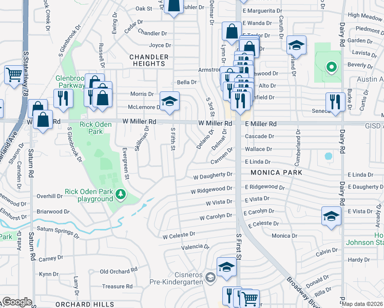 map of restaurants, bars, coffee shops, grocery stores, and more near 2108 Delano Drive in Garland
