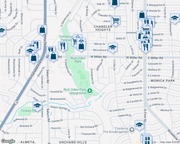 map of restaurants, bars, coffee shops, grocery stores, and more near 2105 Evergreen Street in Garland