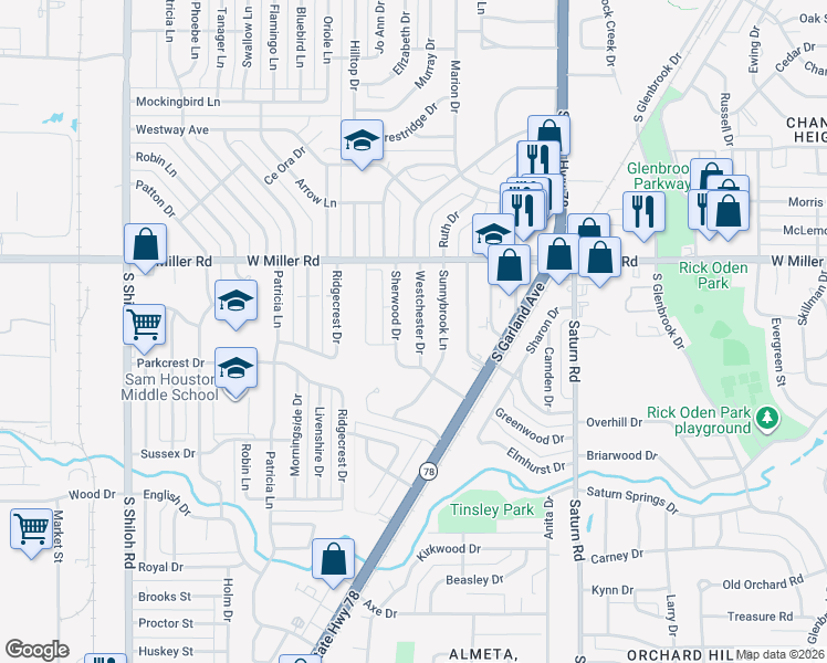 map of restaurants, bars, coffee shops, grocery stores, and more near 2056 Westchester Drive in Garland