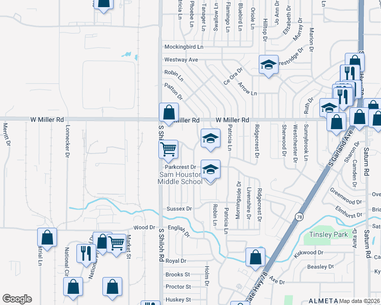 map of restaurants, bars, coffee shops, grocery stores, and more near 2205 Newcastle Drive in Garland
