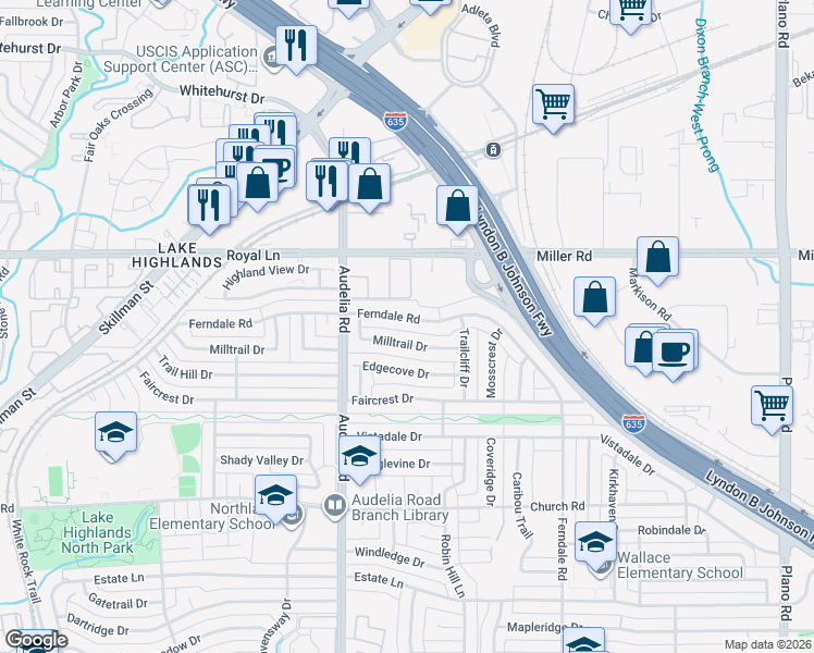 map of restaurants, bars, coffee shops, grocery stores, and more near 10933 Ferndale Road in Dallas