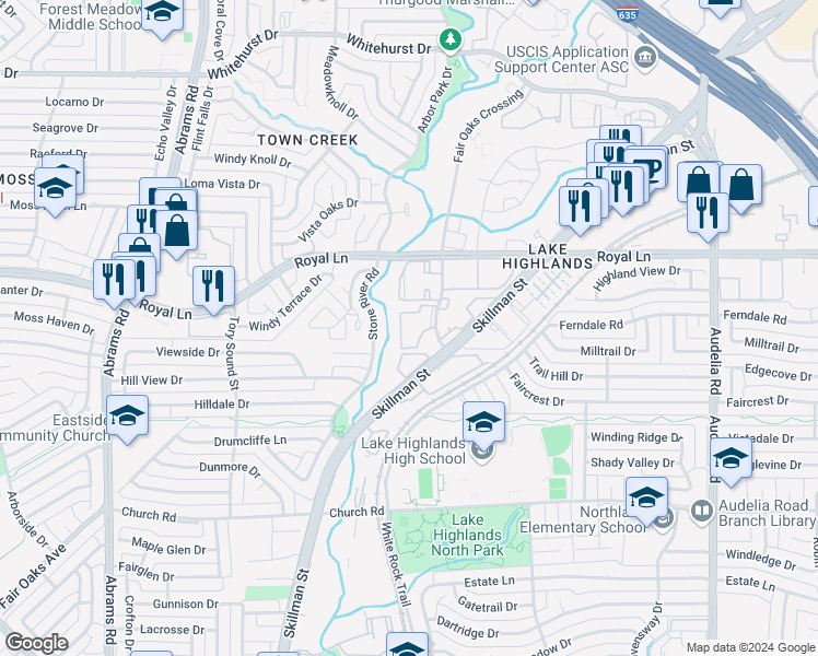 map of restaurants, bars, coffee shops, grocery stores, and more near 8302 Fair Oaks Crossing in Dallas