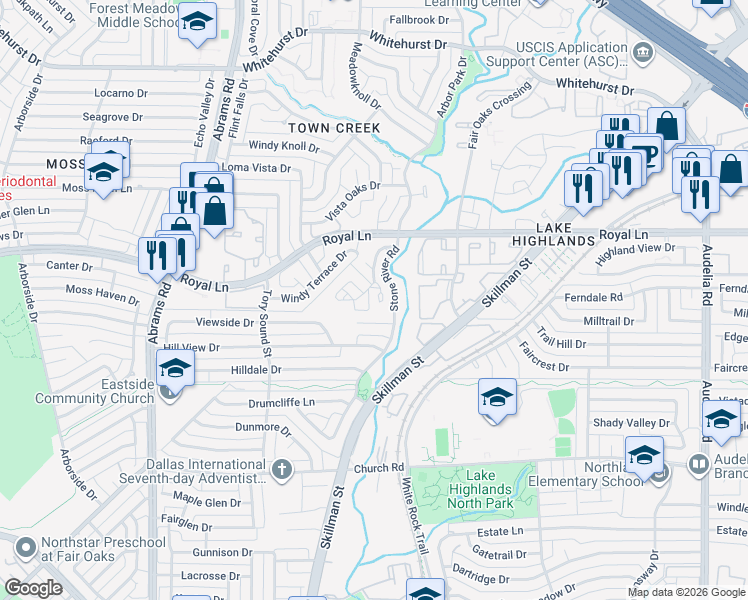 map of restaurants, bars, coffee shops, grocery stores, and more near 8319 Southmeadow Circle in Dallas
