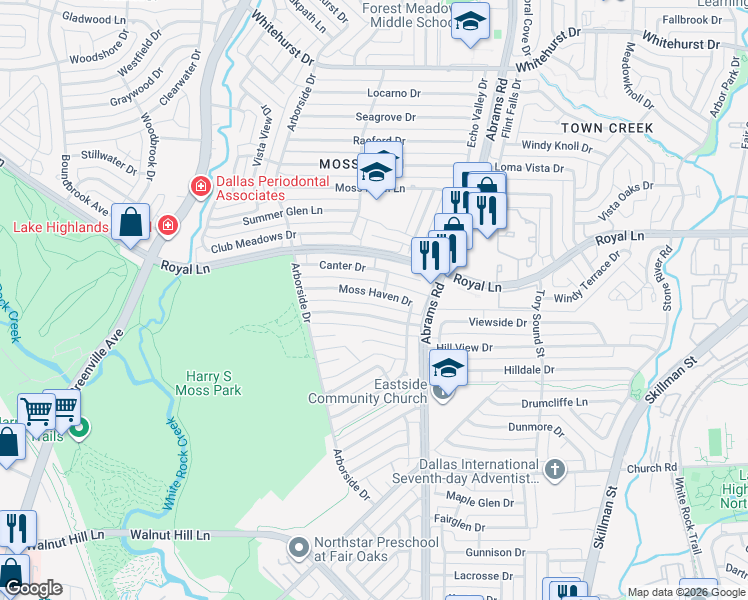 map of restaurants, bars, coffee shops, grocery stores, and more near 9238 Moss Haven Drive in Dallas