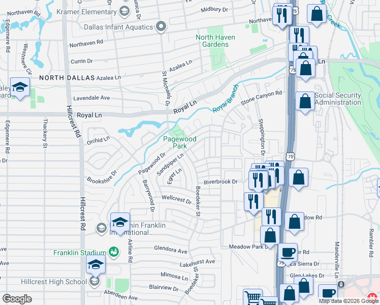 map of restaurants, bars, coffee shops, grocery stores, and more near 7515 Highmont Street in Dallas