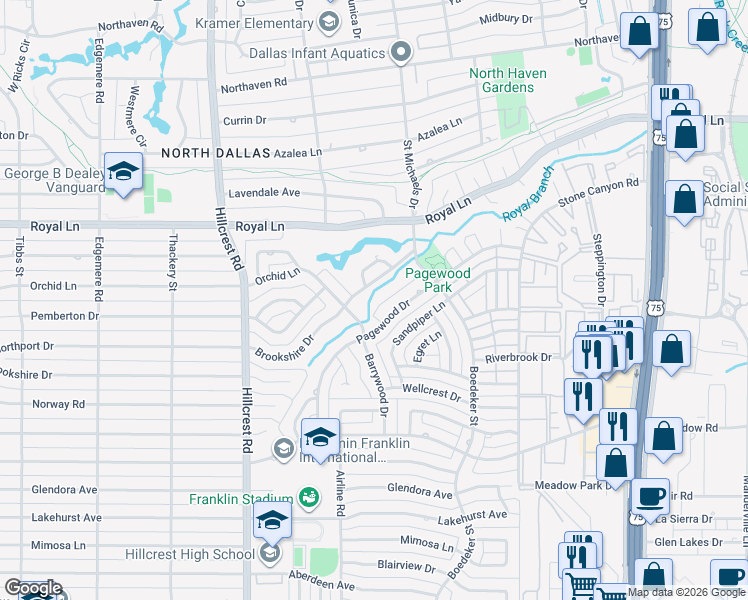 map of restaurants, bars, coffee shops, grocery stores, and more near 7204 Brookshire Drive in Dallas