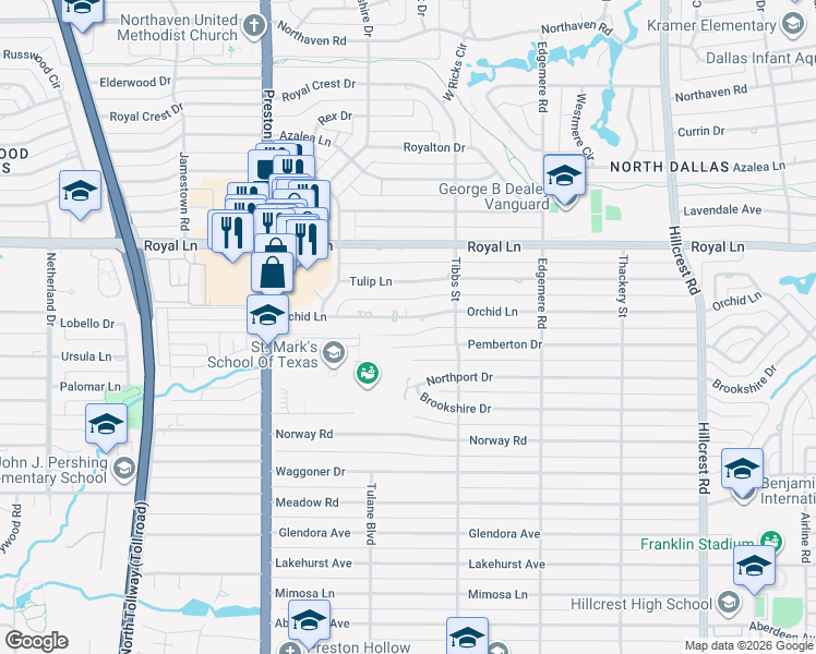 map of restaurants, bars, coffee shops, grocery stores, and more near 6304 Orchid Lane in Dallas