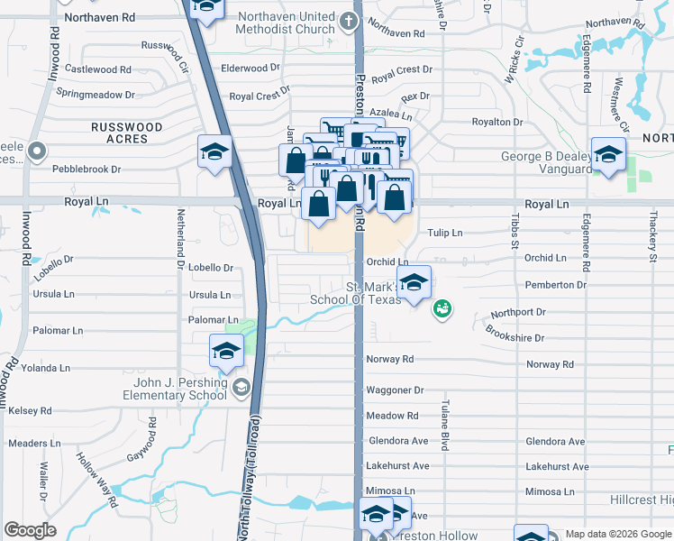 map of restaurants, bars, coffee shops, grocery stores, and more near 5816 Orchid Lane in Dallas