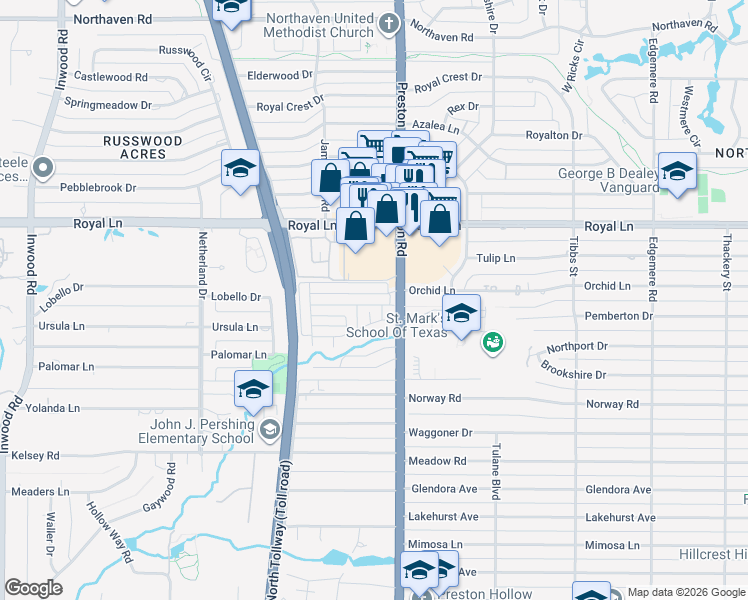 map of restaurants, bars, coffee shops, grocery stores, and more near 5816 Orchid Lane in Dallas