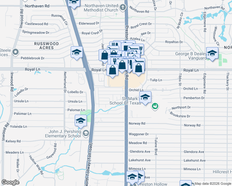 map of restaurants, bars, coffee shops, grocery stores, and more near 5816 Orchid Lane in Dallas