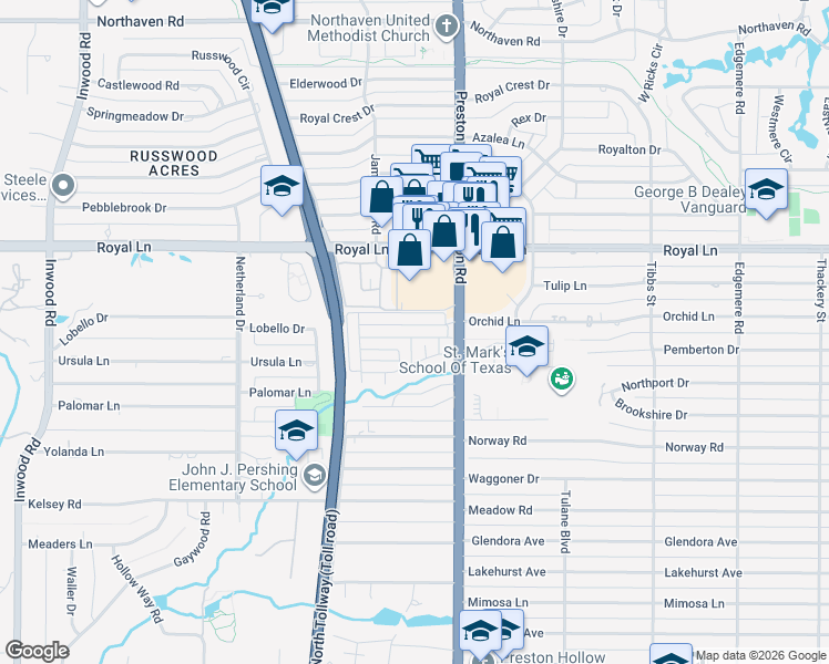 map of restaurants, bars, coffee shops, grocery stores, and more near 5816 Orchid Lane in Dallas