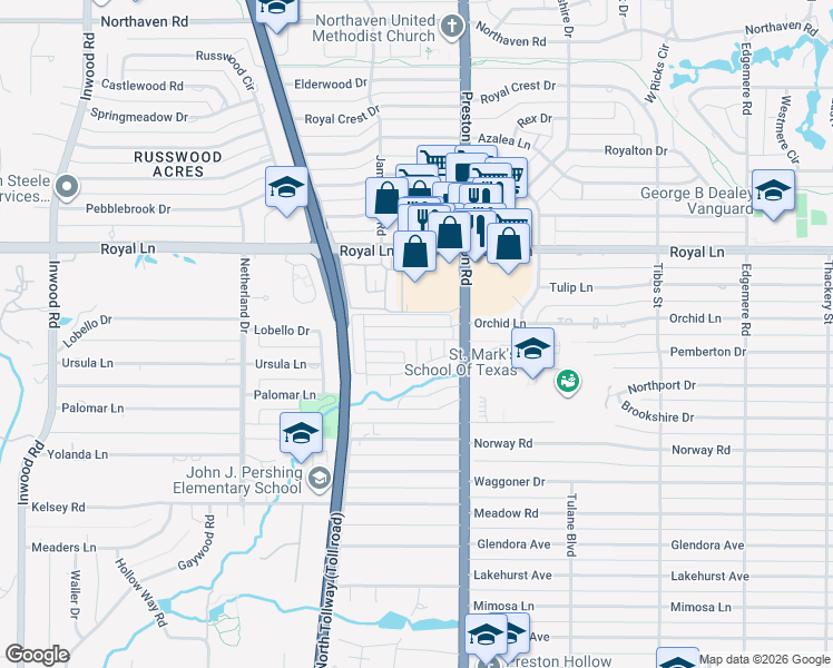 map of restaurants, bars, coffee shops, grocery stores, and more near 5816 Orchid Lane in Dallas