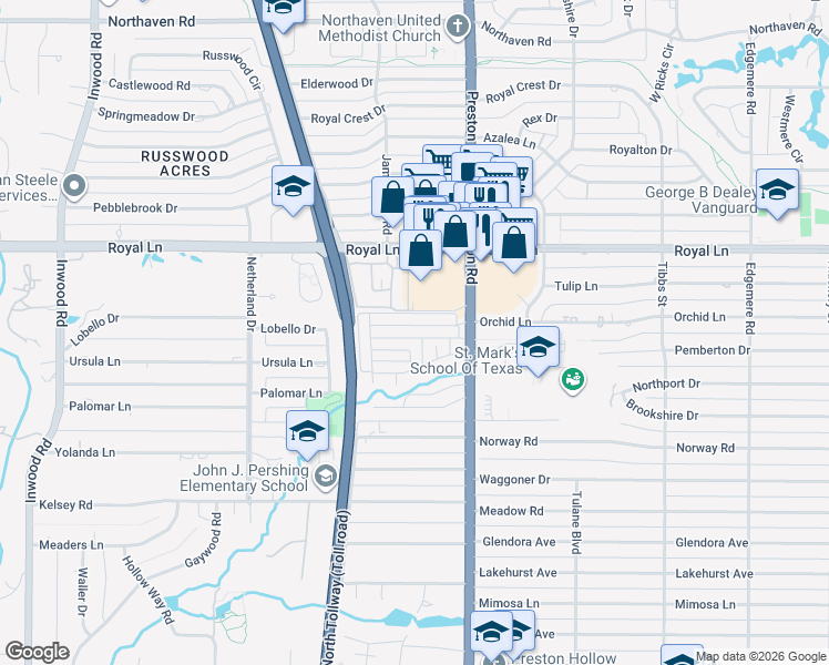 map of restaurants, bars, coffee shops, grocery stores, and more near 5816 Orchid Lane in Dallas