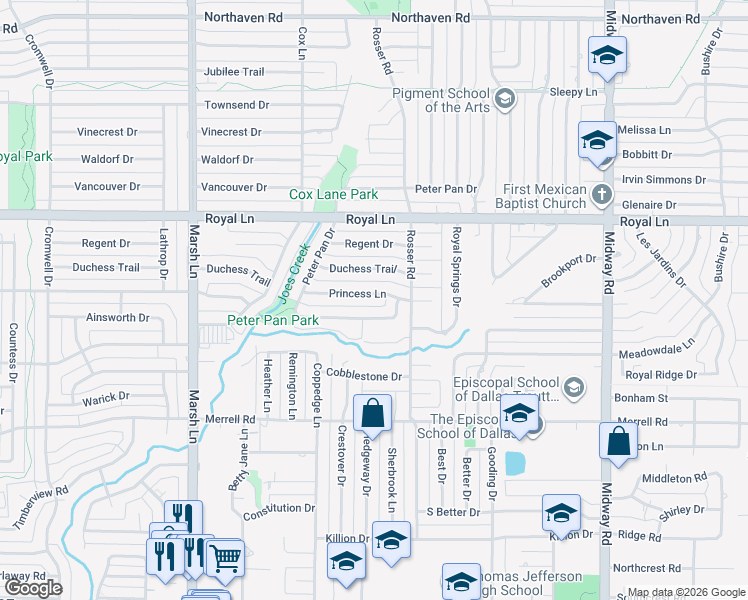 map of restaurants, bars, coffee shops, grocery stores, and more near 3846 Princess Lane in Dallas