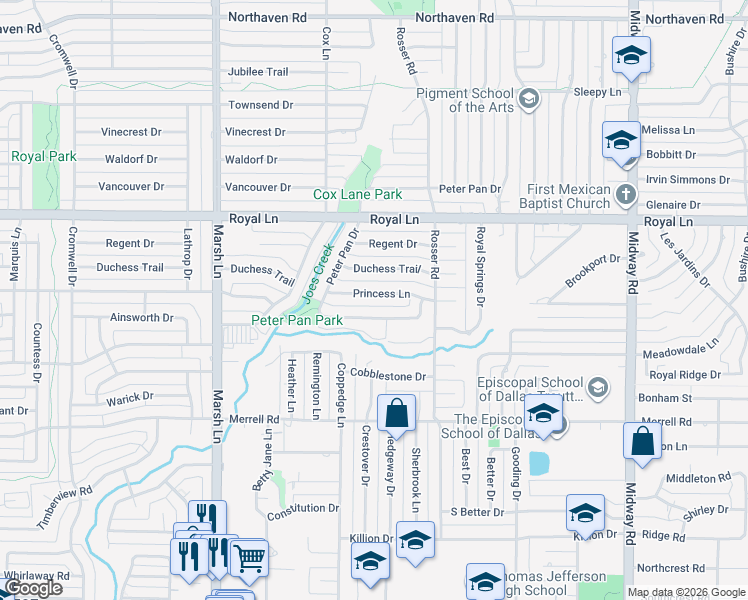 map of restaurants, bars, coffee shops, grocery stores, and more near 3846 Princess Lane in Dallas