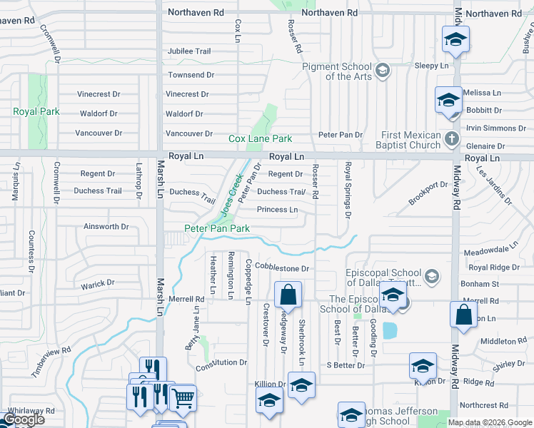 map of restaurants, bars, coffee shops, grocery stores, and more near 3846 Princess Lane in Dallas