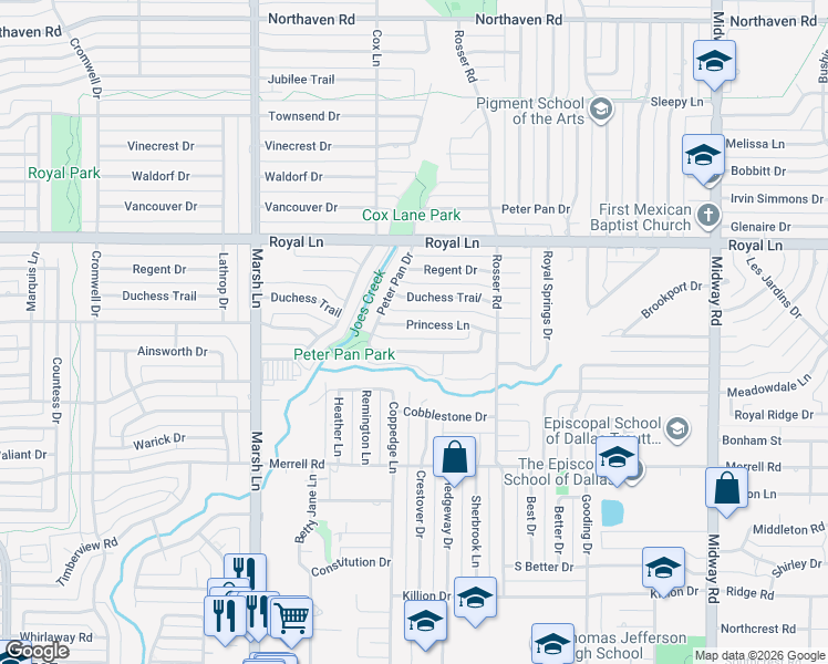 map of restaurants, bars, coffee shops, grocery stores, and more near 3816 Princess Lane in Dallas