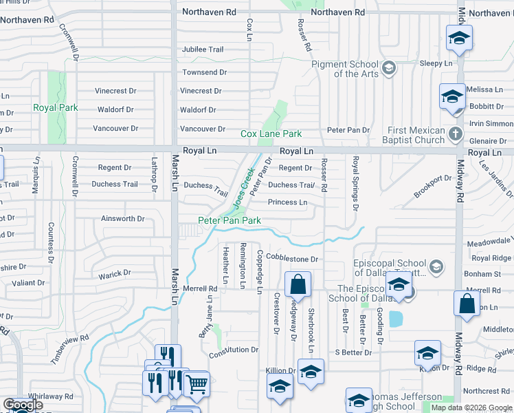 map of restaurants, bars, coffee shops, grocery stores, and more near 3816 Princess Lane in Dallas