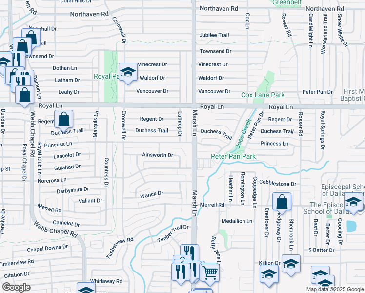 map of restaurants, bars, coffee shops, grocery stores, and more near 3666 Princess Lane in Dallas
