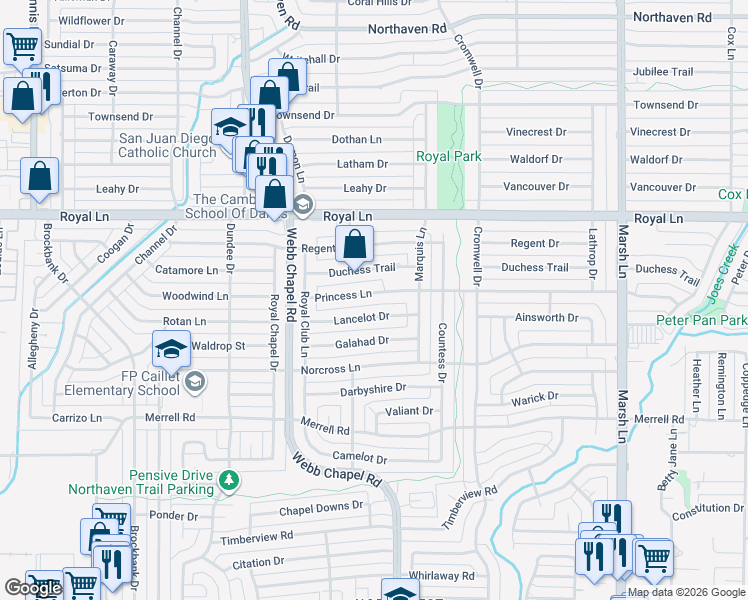 map of restaurants, bars, coffee shops, grocery stores, and more near 3316 Princess Lane in Dallas