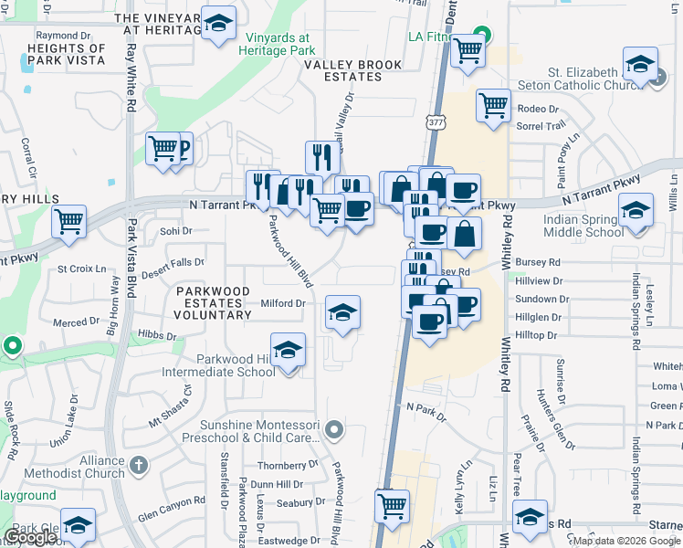 map of restaurants, bars, coffee shops, grocery stores, and more near 5637 Blackmon Court in Fort Worth