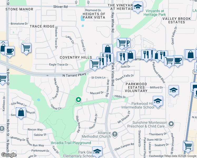map of restaurants, bars, coffee shops, grocery stores, and more near 5204 Saint Croix Lane in Fort Worth