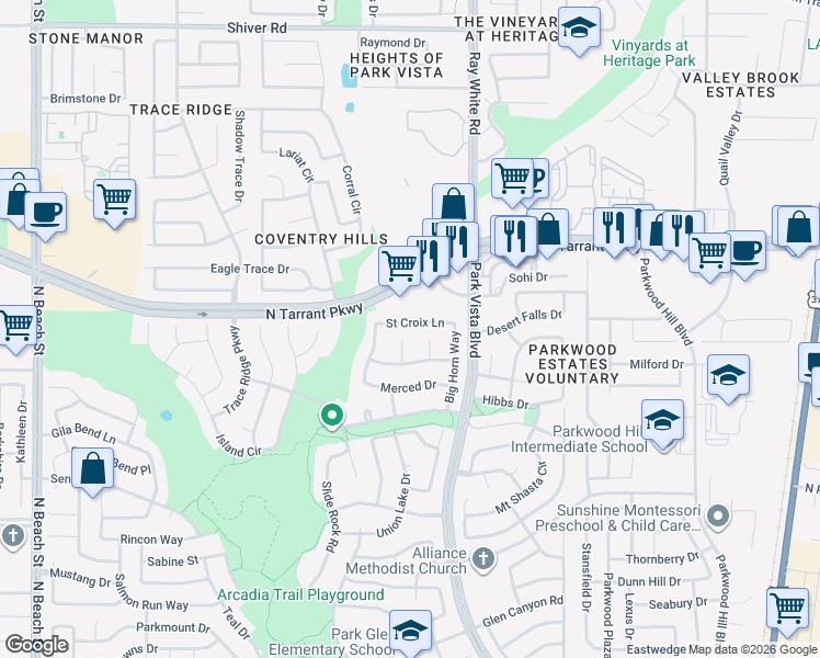 map of restaurants, bars, coffee shops, grocery stores, and more near 5204 Saint Croix Lane in Fort Worth