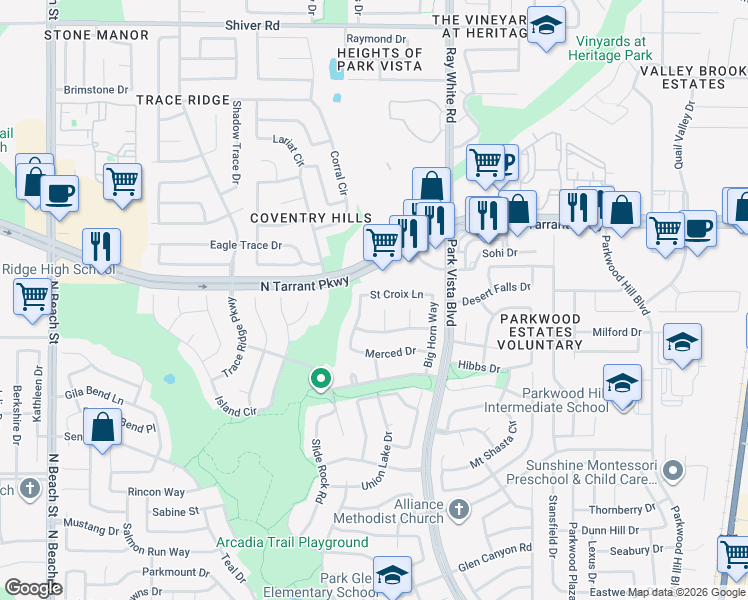 map of restaurants, bars, coffee shops, grocery stores, and more near 8420 Sequoia Way in Fort Worth