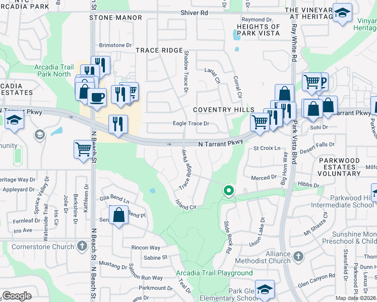 map of restaurants, bars, coffee shops, grocery stores, and more near 8471 Fern Lake Court in Fort Worth