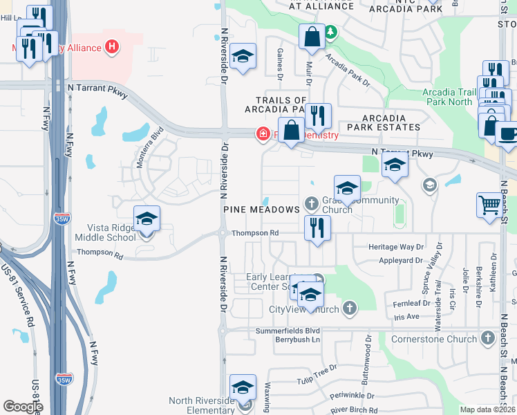 map of restaurants, bars, coffee shops, grocery stores, and more near 8233 Spruce Meadows Drive in Fort Worth