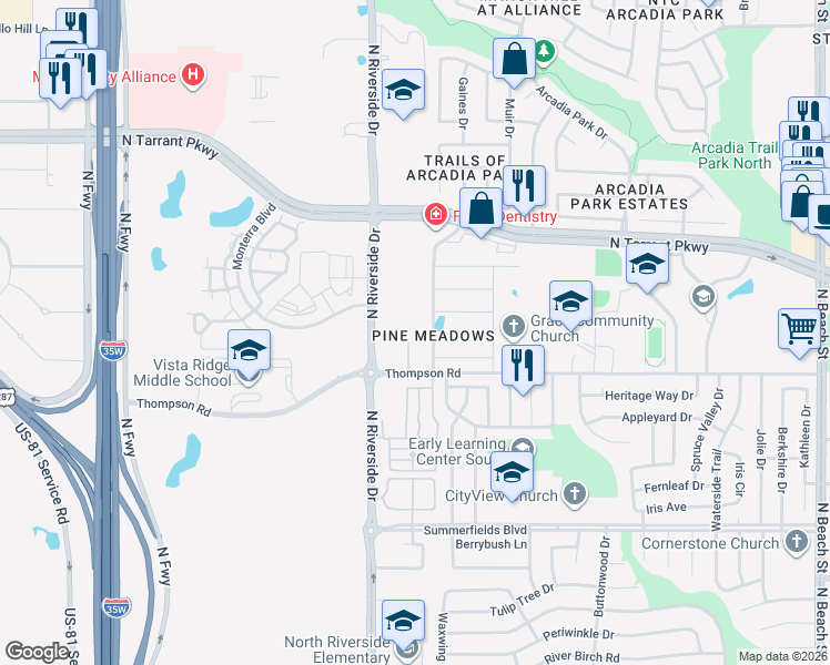 map of restaurants, bars, coffee shops, grocery stores, and more near 8233 Spruce Meadows Drive in Fort Worth