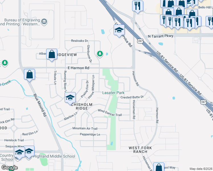 map of restaurants, bars, coffee shops, grocery stores, and more near 8441 Ranch Hand Trail in Fort Worth
