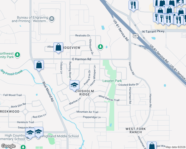 map of restaurants, bars, coffee shops, grocery stores, and more near 8417 Horse Whisper Lane in Fort Worth
